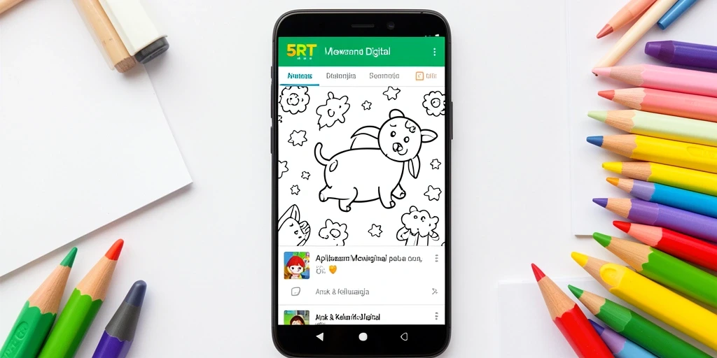 Tampilan antarmuka aplikasi 5RT yang ramah anak saat mewarnai digital.