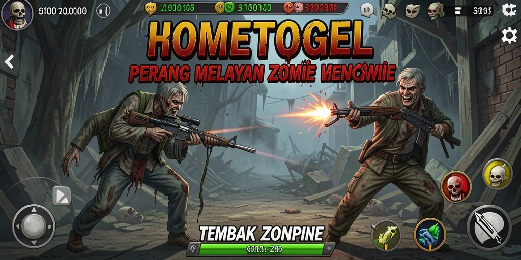 Antarmuka permainan HOMETOGEL menampilkan aksi seru melawan zombie.