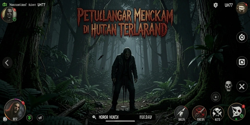 Tampilan antarmuka UH77 dengan suasana horor hutan yang misterius.